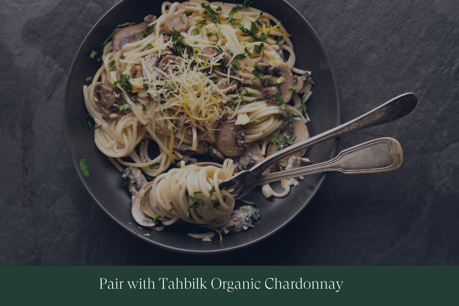 Pickled mushrooms in a creamy pasta sauce